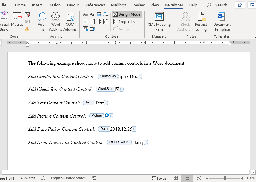 Add Content Controls to Word Document in Java