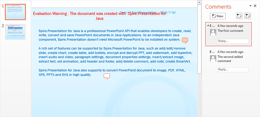 Add, Replace and Delete Comment in PowerPoint in Java