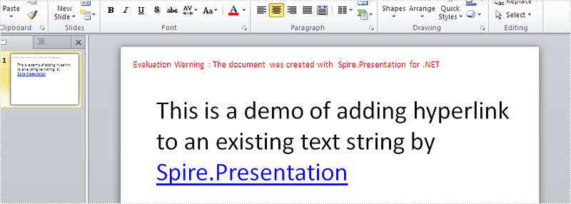How to add hyperlink to the existing text on presentation slides in C#