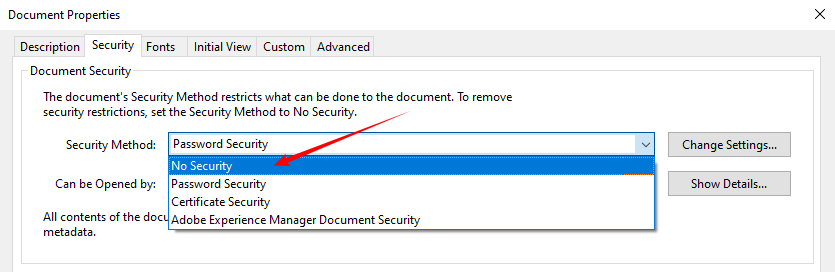 Adobe Acrobat Pro Security tab showing “No Security” option