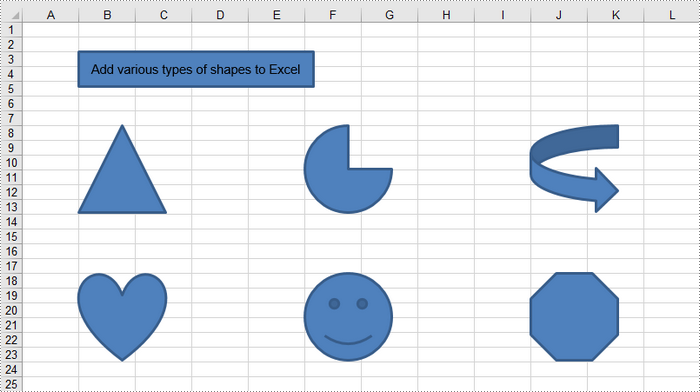 Various types of shapes added in a worksheet