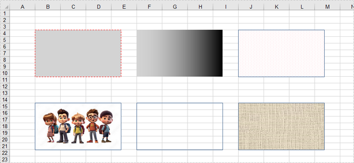 Several shapes in a worksheet formatted with different line styles and shape fills