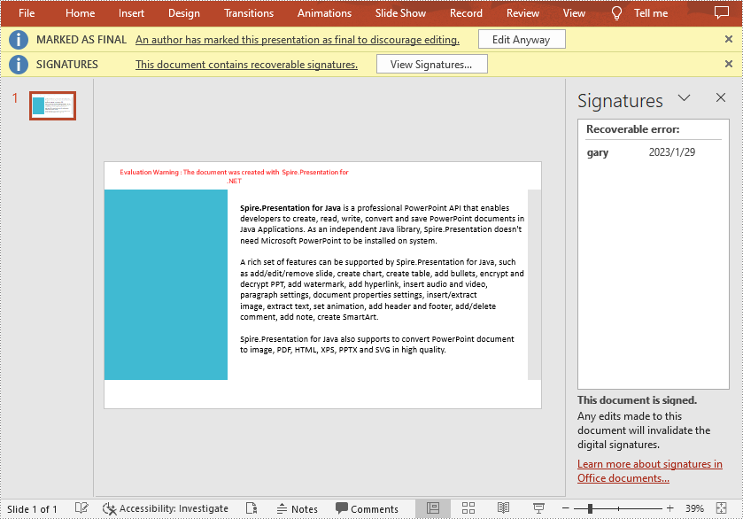 C#/VB.NET: Add or Remove Digital Signatures in PowerPoint
