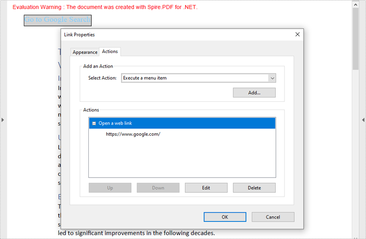 Result of Creating Web Link Actions with C#