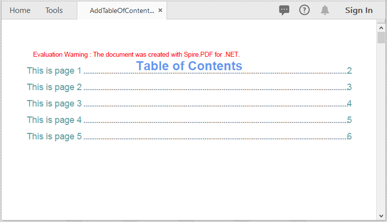 C#/VB.NET: Create a Table of Contents (TOC) in PDF