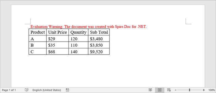 Add table to a Word document