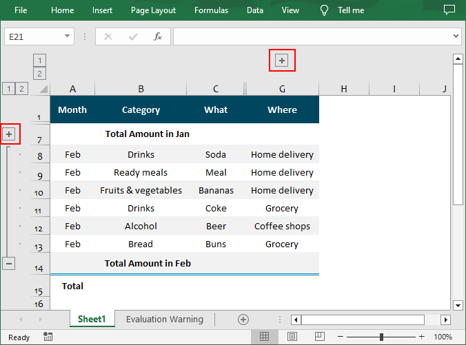 Collapse the specified rows and columns in Excel