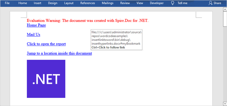 C#/VB.NET: Insert Hyperlinks to Word Documents