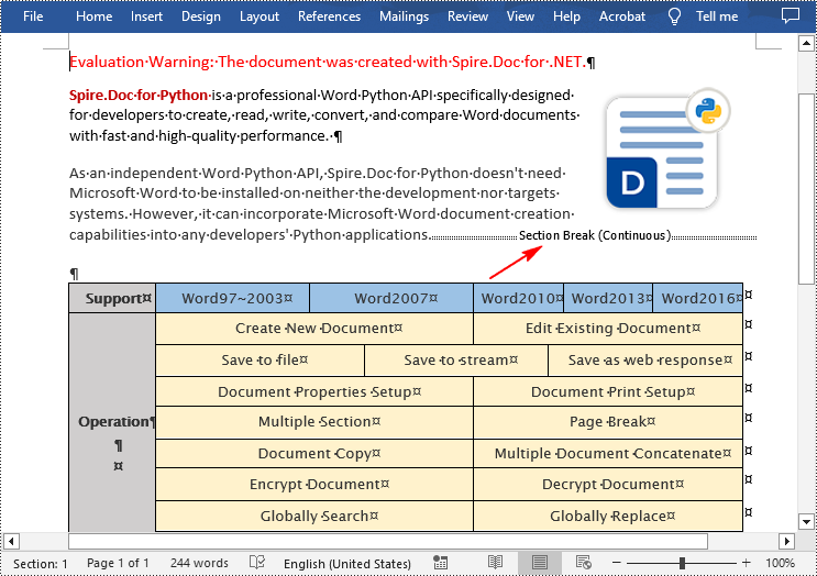 C#: Insert or Remove Section Breaks in Word