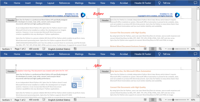 C#: Remove Headers or Footers in Word