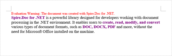 A paragraph in a Word document with different font styles applied to different parts
