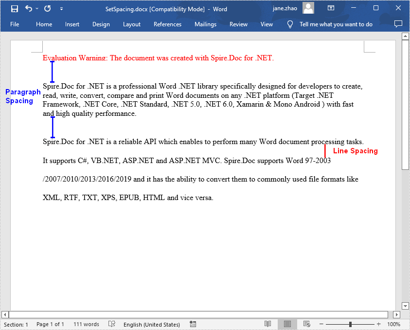 C#/VB.NET: Set Line Spacing and Paragraph Spacing in Word