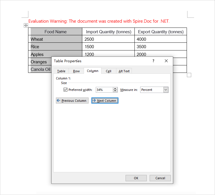 C#: Set the Column Width of a Word Table