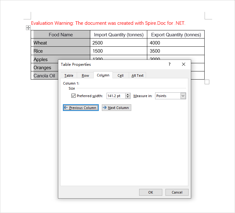 C#: Set the Column Width of a Word Table