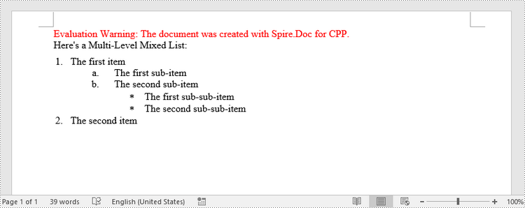 C++: Create Lists in a Word Document