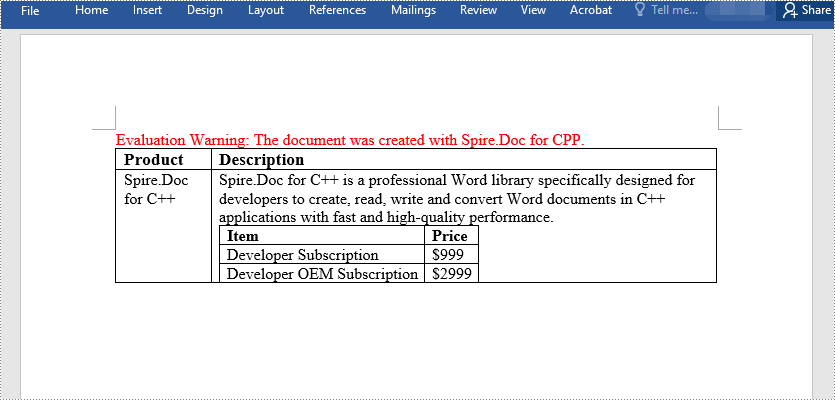 C++: Create Tables in Word Documents