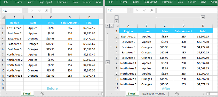 C++: Group or Ungroup Rows and Columns in Excel