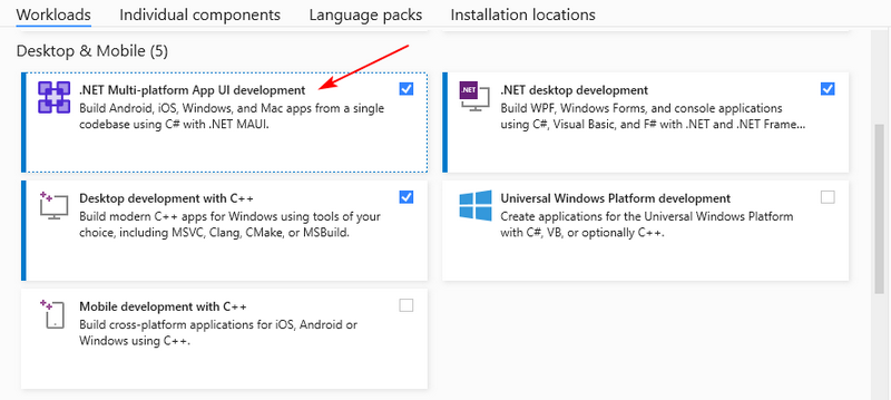 Select the .NET MAUI workload in Visual Studio Installer
