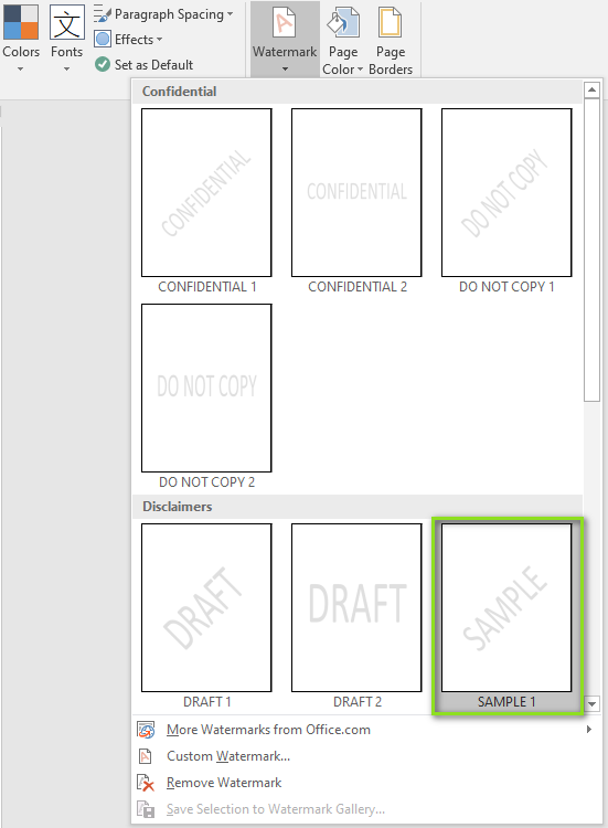 Opzioni di filigrana predefinite in Microsoft Word