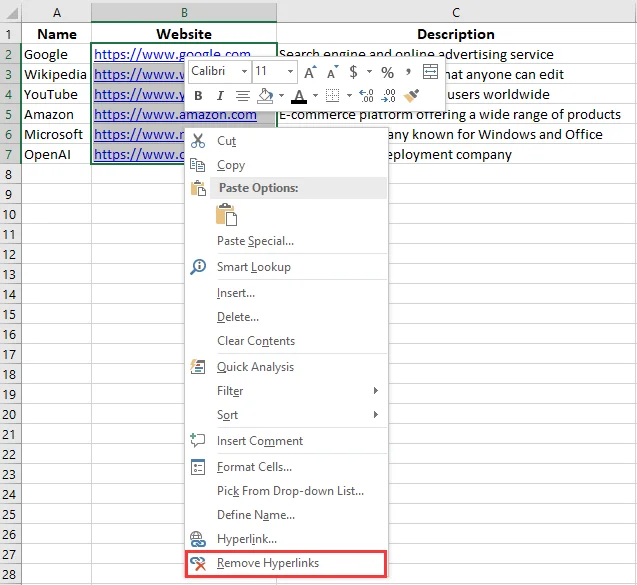 Opción del Menú del Botón Derecho para Quitar Hipervínculos en Excel