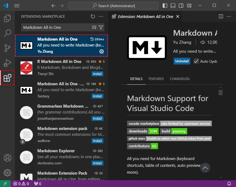 Installer l'extension Markdown All in One pour la prévisualisation de Markdown