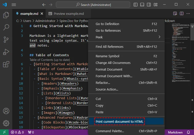 Sélectionnez l'option Imprimer le document actuel en HTML pour convertir le Markdown en HTML
