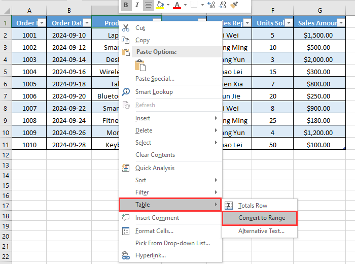 Convert Table to Range in Excel using the Right-Click menu