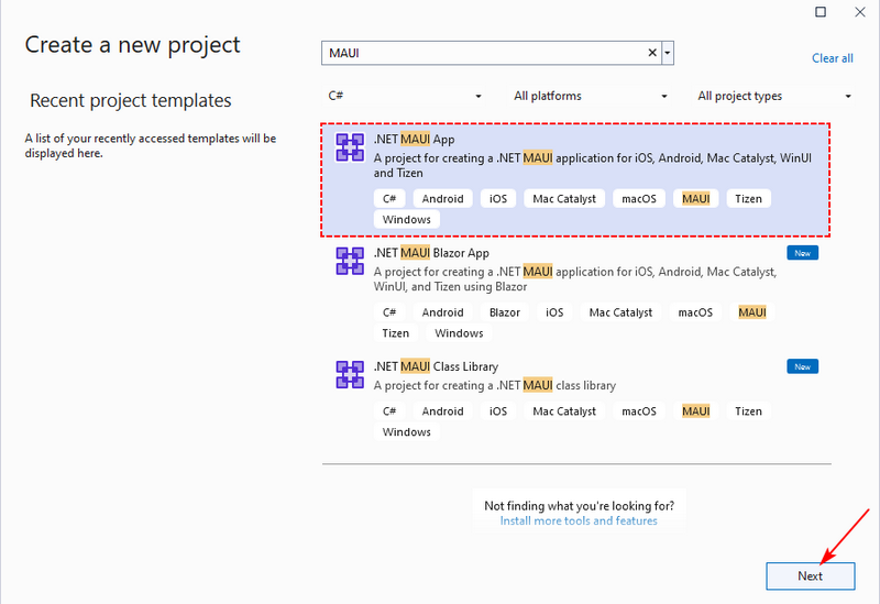 Choose the .NET MAUI App template