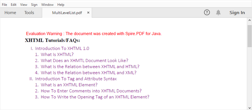 Create a Multi-Level List in PDF in Java