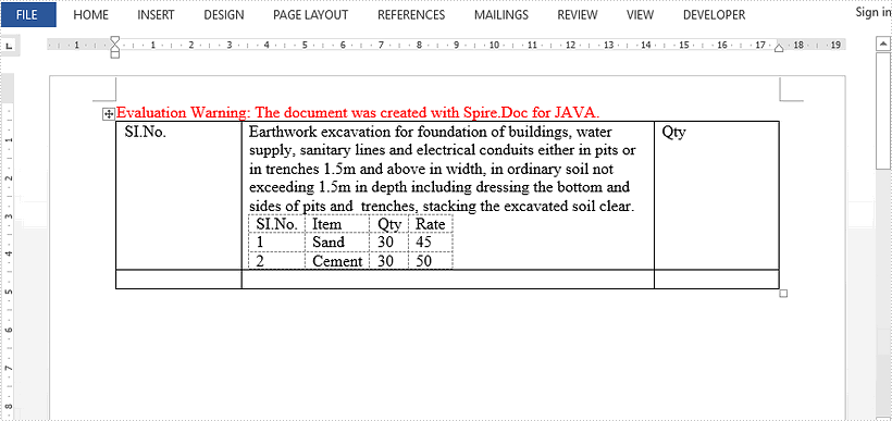 Create a Nested Table in Word in Java