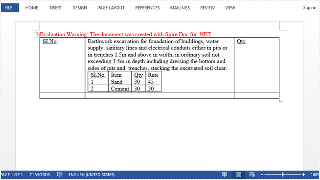 How to Create a Nested Table in Word in C#