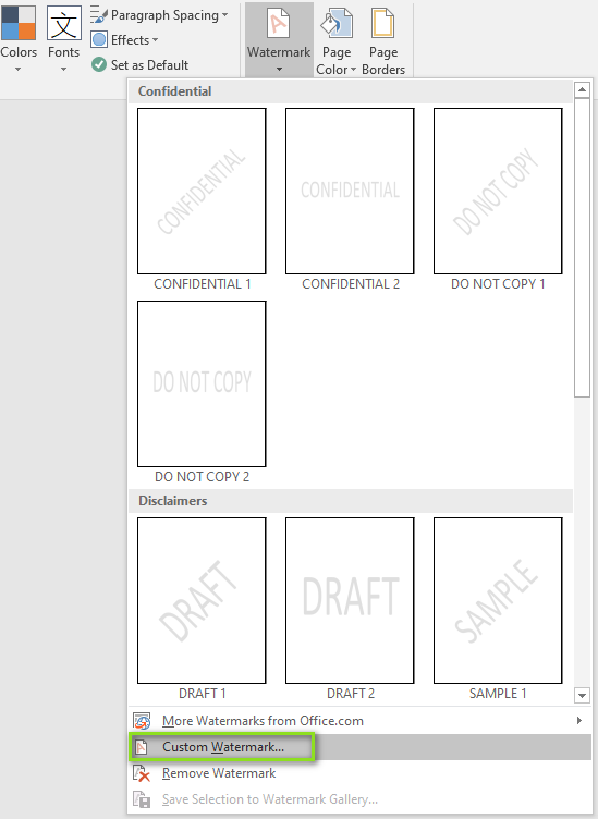 Finestra di dialogo Filigrana personalizzata in Microsoft Word