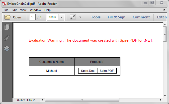 Embed a Grid into a Grid Cell in PDF in C#