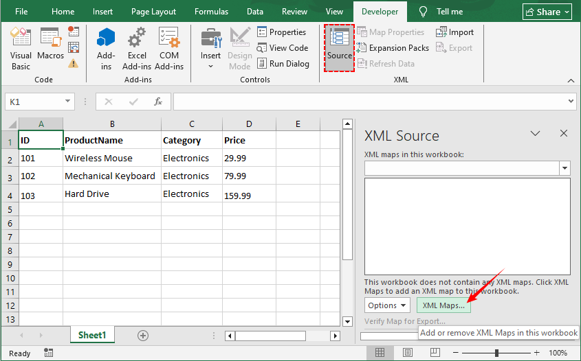 Excel-Entwicklerregisterkarten-Oberfläche mit dem XML-Quellbereich und dem XML-Zuordnungsdialog.