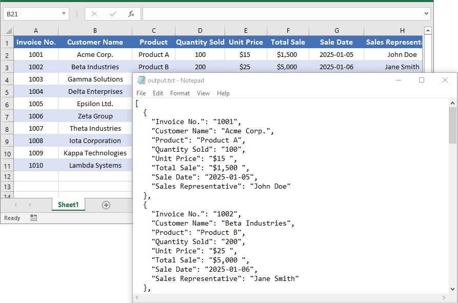 Excel to JSON conversion example in C# using Spire.XLS