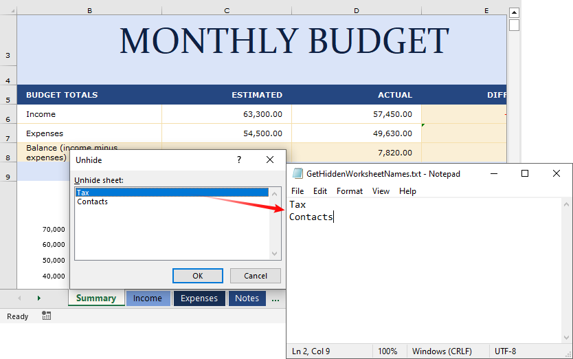 Extract the names of hidden worksheets in an Excel workbook