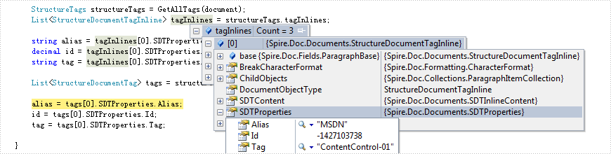 Get alias, tag and id of content controls in a Word document in C#