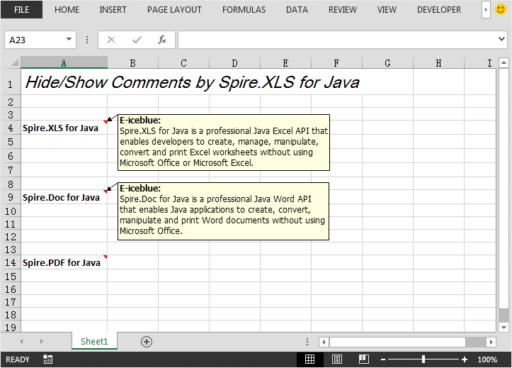 Hide or Show Comments in Excel in Java