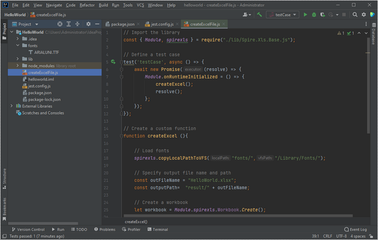 JavaScript code for creating an Excel file