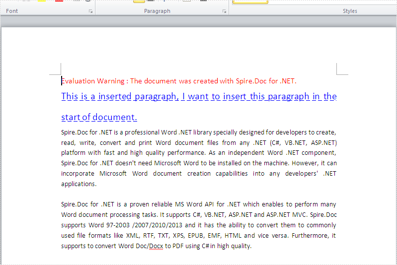 How to insert a new paragraph to word document in C#