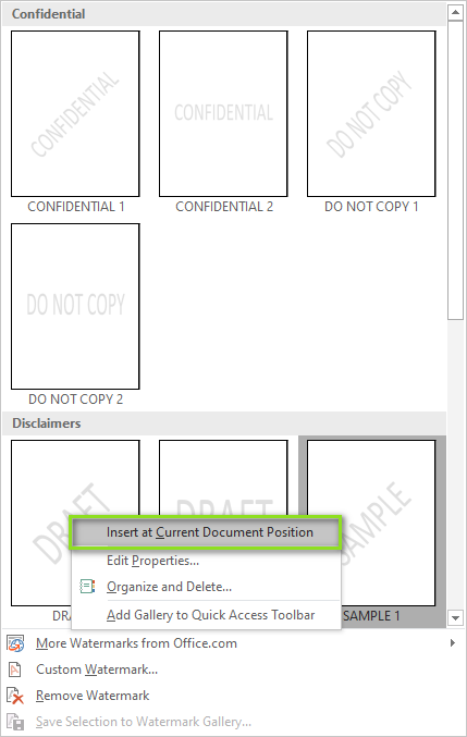 Opzione Inserisci nella posizione corrente del documento
