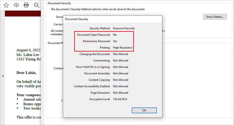 Java: Add Security Permissions to a PDF Document