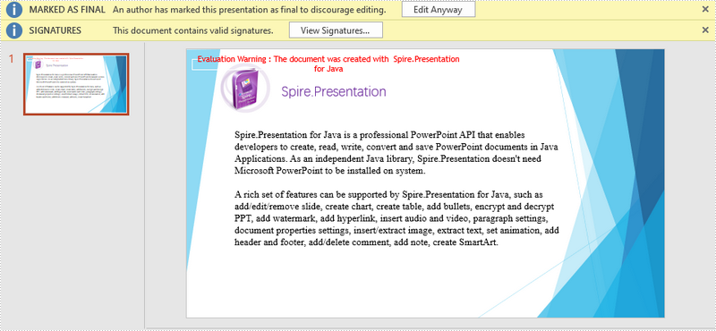 Java: Add or Remove Digital Signatures in PowerPoint