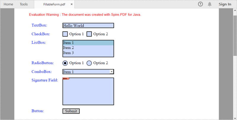 Java: Create, Fill, or Remove Fillable Form Fields in PDF