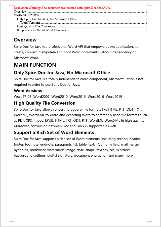 Java: Create a Table Of Contents for a Newly Created Word Document