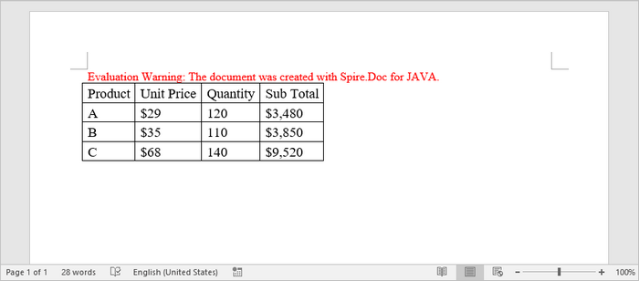 Add a table to a Word document in java