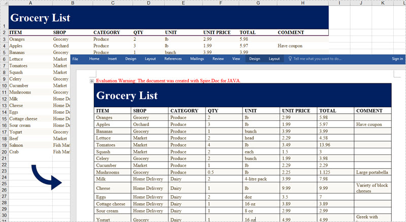 Java: Export Excel Data to Word Tables with Formatting