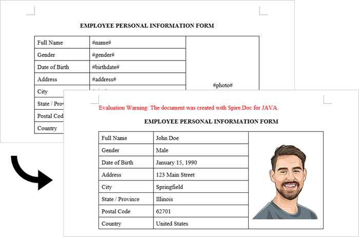Screenshot of the input template file containing placeholders and the output Word document.