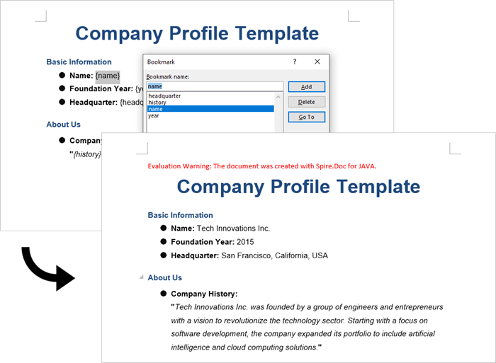 Screenshot of the input template file containing bookmarks and the output Word document.