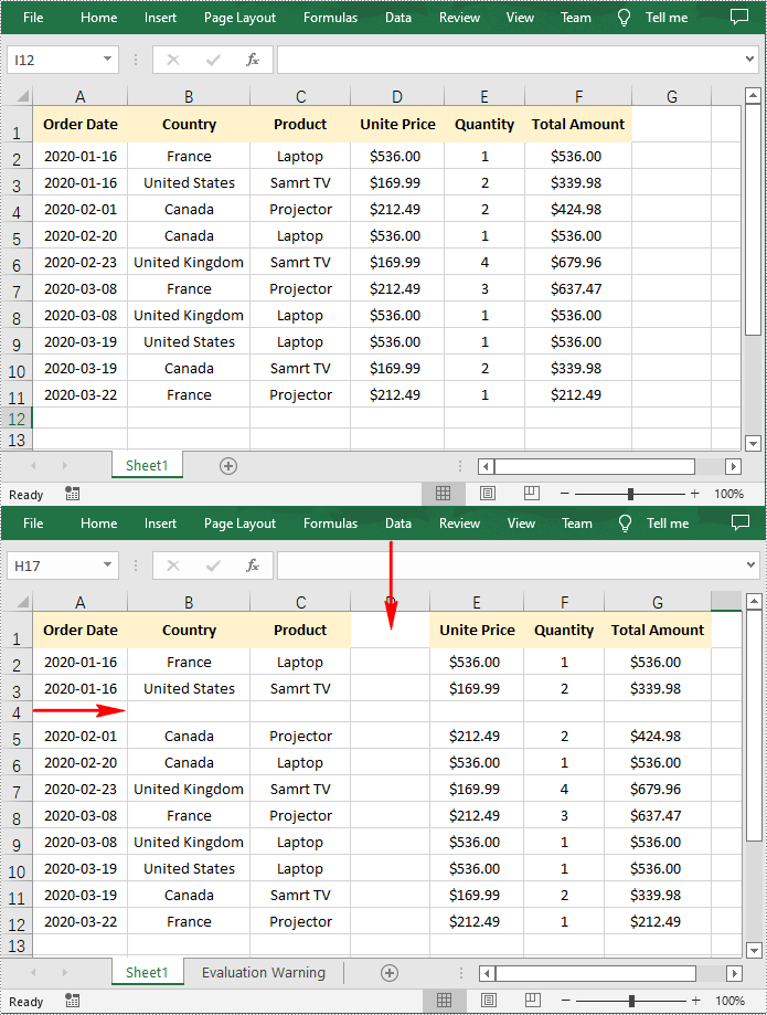 row and column in excel